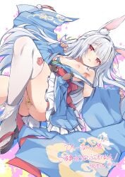 animal_ears anus blue_kimono breasts commission female grey_hair highres japanese_clothes kimono lying maebari nimura_yuuji nipples ofuda ofuda_on_pussy on_back open_mouth pixiv_commission pussy pussy_peek rabbit_ears rabbit_girl rabbit_tail rabi_(twinkle_star_knights) red_eyes small_breasts solo tail thighhighs twinkle_star_knights white_thighhighs