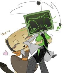 2girls blush clothed dandy's_world female grabbing_breasts gripping_breasts groping robot robot_girl sfw shelly_(dandy's_world) sweat tv_head vee_(dandy's_world) yuri