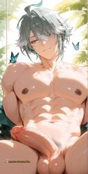 1boy ai_generated alhaitham_(genshin_impact) big_penis gay genshin_impact goldenfieldszho huge_cock male male_focus male_only muscular muscular_male penis pubic_hair yaoi