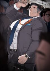 1boy 5boys absol_(dkqthf) bandaid bandaid_on_face bara big_breasts black_eyes black_hair blurry_background blurry_foreground briefcase bruise bruise_on_face business_suit crowded daddy depth_of_field dilf erect_nipples erect_nipples_under_clothes fully_clothed gay handles hi_res huge_breasts light_skin looking_at_viewer male male_breasts male_only maou_abusorun mature_male name_tag necktie neutral_expression oppai original original_character pale_skin pecs sanpaku shaved_side short_hair small_pupils spiky_hair standing suit thick train train_interior translucent_clothing wet_clothes white_shirt wristwatch yaoi