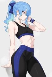 1girls abs blue_eyes blue_hair bluefield breasts gym_clothes gym_uniform hololive hololive_japan hoshimachi_suisei pants ribbon small_breasts solo sweat sweaty tank_top tight_pants virtual_youtuber yoga_pants