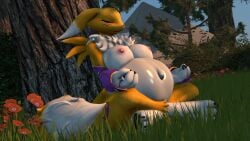 16:9 3_fingers 3_toes 3d anthro armwear ass bandai_namco belly big_ass big_belly big_breasts boulder breasts canid canine chest_fur chest_tuft closed_eyes clothing crossed_legs digimon digimon_(species) digital_media_(artwork) elbow_gloves feet female fingers flower fluffy fluffy_tail fox fur gloves grass handwear hi_res huge_belly mammal markings meditation multicolored_body multicolored_fur navel nipples outside plant pregnant pregnant_anthro pregnant_female purple_markings renamon rock shrub sitting sitting_on_ground solo source_filmmaker_(artwork) sunset tail thevestige thick_thighs toes tree tuft warfare_renamon white_body white_fur widescreen yellow_body yellow_fur
