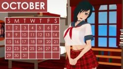 1girls black_hair black_hair_female calendar calendar_(medium) calendar_(object) calendar_pinup clothed_female female indrick_[artist] october_(month) pinup pinup_girls pinup_pose red_highlights ruby_rose rwby school_uniform schoolgirl_uniform silver_eyes skirt solo_female