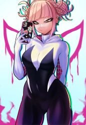 1girls absurdres black_bodysuit blonde_hair bodysuit boku_no_hero_academia breasts cellphone cosplay double_bun ear_piercing female hair_bun highres himiko_toga holding holding_phone hood hooded_bodysuit looking_at_viewer marvel messy_hair multicolored_bodysuit my_hero_academia narrowed_eyes phone piercing short_hair slit_pupils smartphone solo spider-gwen spider-gwen_(cosplay) spider-man_(series) spider_web_print standing superhero_costume toga_himiko two-tone_bodysuit unusualpie white_bodysuit yellow_eyes