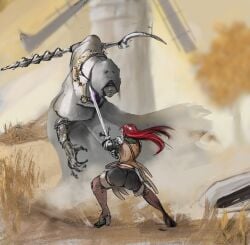 altus_plateau big_ass capernian elden_ring female_warrior fight godskin_apostle nice_ass oc red_hair sword thigh_high_boots twin_blades warrior weapon weapons