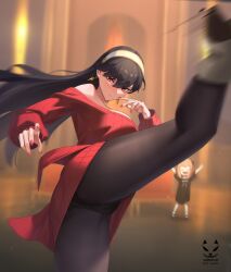 2girls anya_(spy_x_family) artist_name bare_shoulders black_hair black_panties black_pantyhose blush commentary_request dress earrings fighting_stance gold_earrings hair_between_eyes hairband highres incoming_kick jewelry lips long_hair looking_at_viewer motion_blur motion_lines multiple_girls nail_polish off-shoulder_dress off_shoulder panties panties_under_pantyhose pantyhose red_dress red_eyes red_nails shadow_cat shadow_cat_(yingmiao) short_dress signature solo_focus spy_x_family sweater sweater_dress thighs underwear upskirt white_hairband yor_briar yor_forger