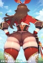 ai_generated amber_(genshin_impact) big_ass big_breasts big_butt big_thighs blush brown_eyes brown_hair cameltoe from_behind from_behind_position genshin_impact hair_ornament huge_ass huge_breasts huge_butt huge_thighs standing thigh_boots wanuze wide_hips