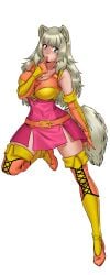 acadia_(hentai_heroes) animal_ears belt black_background blue_eyes boots breasts cg cleavage detached_sleeves female finger_to_mouth full_body hentai_heroes kinkoid large_breasts long_hair looking_at_viewer official_art parody raphtalia silver_hair simple_background solo tail tate_no_yuusha_no_nariagari