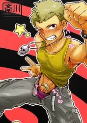 1boy abs absurd_res armpits arms_up blonde_hair blush bracelet clenched_hand clenched_teeth collarbone erect_nipples flaccid fully_clothed gay grin hi_res high-angle_view legs_apart looking_at_viewer male male_only mature_male necklace nipples_visible_through_clothing one_eye_closed pants_open peace_sign pecs penis persona persona_5 pubic_hair pubic_tuft ryuji_sakamoto saikawa_(ti17jk) sega short_hair skull solo spiked_bracelet standing star tanktop underwear_down very_high_resolution yaoi yellow_eyes young