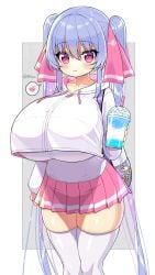 :3 bangs bangs_over_eyes big_breasts blue_hair blush collarbone cute hair_ribbon heart huge_breasts jacket looking_at_viewer pink_eyes pleated_skirt riko_(shuz) shiny_clothes shiny_hair shiny_skin shortstack shuz_(dodidu) skindentation skirt solo sparkles stretched_clothing thick_thighs thighhighs tight_clothing twintails