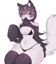 1girls bra breasts female female_focus female_only hoodie hoodie_lift panties rinniwinni_ shirt_lift sitting solo solo_female solo_focus thick_thighs thighhighs thighs