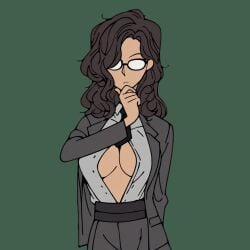 business_suit dark_green_background exposed_breasts female flat_shading giovanni_stuart glasses hand_on_chin hentai_style huge_breasts nanashio no_eyes nude original_character smug_expression youtuber,