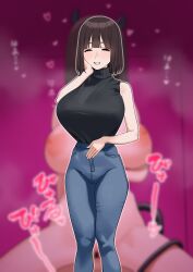 absurdres black_hair black_horns black_sweater blue_pants blunt_bangs blurry blurry_background bob_cut breasts closed_eyes commentary_request demon_horns demon_tail facing_viewer female fffukuzawa hand_on_own_cheek hand_on_own_face highres horns huge_breasts nipples original pants sleeveless sleeveless_turtleneck standing straight sweater tail turtleneck turtleneck_sweater