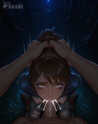 1boy 1boy1girl 1girls ai_generated blowjob breasts_out clothed_female_nude_male cum cum_in_mouth cum_inside cum_overflow dark-skinned_male dota_2 drooling eye_roll fellatio forest grabbing head_grab kneeling kneeling_oral_position male male_pov marci marci_(dota) nervous_sweat night nipples oral oral_penetration oral_sex outdoors penis penis_in_mouth pov restrained rolling_eyes ruined_makeup runny_makeup saliva seacreator skinny small_breasts solo_focus tears throat_fuck tied torn_clothes torn_pantyhose