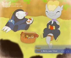 absurd_res accessory badge bag blue_body blue_fur claws dark_body dark_fur dark_scales drilbur duo english_text fan_character female feral food fur furgonomics gameplay_mechanics generation_5_pokemon generation_7_pokemon genitals grey_body grey_scales hi_res holding_food holding_object humanoid_genitalia humanoid_pussy jangmo-o jm-luxro male nintendo pokemon pokemon_(species) pokemon_mystery_dungeon pussy scales scarf sitting slit_penis spike_chunsoft tail tail_accessory tail_bag text