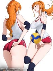 1girls bare_arms bare_legs bare_shoulders bare_thighs big_breasts blush clothed clothing color female female_focus female_only hi_res large_breasts light-skinned_female light_skin long_hair nami nami_(one_piece) one_piece opalisart orange_eyes orange_hair shounen_jump solo solo_female tagme thick_thighs volleyball volleyball_uniform