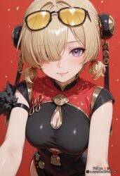 2025 ai_generated bangs black_dress blonde_hair blush breasts bun_cover china_dress chinese_clothes cleavage cleavage_cutout closed_mouth clothing_cutout double_bun dress eyewear_on_head female female female_focus hair_bun hair_over_one_eye hoyoverse large_breasts lips looking_at_viewer mihoyo nsfw purple_eyes reaching_towards_viewer red_background rognezart short_sleeves simple_background smile solo sweety_(zenless_zone_zero) twintails zenless_zone_zero