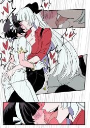 azazel_(helltaker) baphomet_(grizz) big_breasts blush breasts costume female groping groping_ass halo helltaker horns large_breasts long_tongue steamy_breath tongue_kiss white_hair yuri