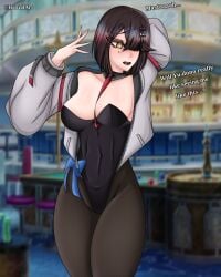 bunnysuit casino fate/grand_order fate_(series) fishnets haxial jacket leotard shy tagme text type-moon yellow_eyes