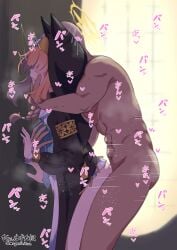 1boy against_wall animal_ear_headwear animal_ears black_robe black_veil blue_archive chonmage_daikon clothed_female_nude_male commentary_request cowboy_shot female flower from_side grabbing_from_behind hair_over_eyes halo highres indoors long_hair male mari_(blue_archive) nude nun open_mouth orange_hair robe sex sex_from_behind sound_effects standing standing_sex steaming_body straight veil white_flower yellow_halo