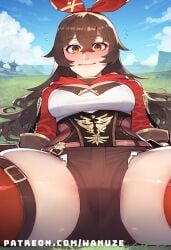 ai_generated amber_(genshin_impact) big_ass big_breasts big_butt big_thighs blush brown_eyes brown_hair genshin_impact hair_ornament huge_ass huge_breasts huge_butt huge_thighs lying spread_legs thigh_boots wanuze wide_hips