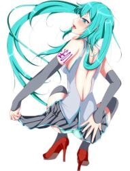 1girls 2015 aqua_eyes aqua_hair aqua_panties aqua_trim back_view backboob backless_shirt beige_lipstick blush detached_sleeves ell182a_(masa_works_design) eyeshadow footwear full_body grey_skirt grey_thighhighs hatsune_miku high_heel_boots high_heels light_blush lipstick long_hair looking_at_viewer lower_teeth masa_works_design mv_character number_tattoo panties pantyshot pantyshot_(squatting) pink_eyeshadow red_footwear red_high_heels sidelocks skirt skirt_pull soap_lagoon_(vocaloid) solo squatting tattoo teeth thighhighs underwear upper_teeth very_long_hair vocaloid white_background