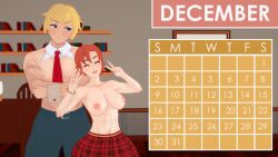 1boy 1girls blonde_female blonde_hair breasts calendar calendar_(medium) calendar_(object) calendar_pinup december_(month) half-dressed half_naked half_naked_female half_naked_male indrick_[artist] jaune_arc nora_valkyrie orange_hair orange_hair_female pinup pinup_girls pinup_pose rwby skirt tie
