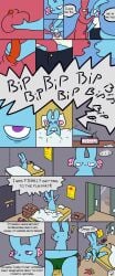 absurd_res andromorph angry anthro areola balls bed blue_body bodily_fluids breasts comic dialogue door dream english_text erinthebat furniture genital_fluids genitals hi_res holding_balls hunter_(rain_world) inside intersex lethal_company love_declaration male poster rain_world rivulet_(rain_world) sleeping slugcat small_breasts speech_bubble text tired toilet trans_(lore) trans_man_(lore) vaginal_fluids videocult waking_up wet