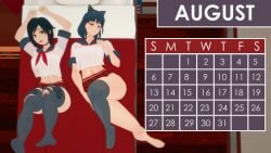 2girls august_(month) bed black_hair black_hair_female blake_belladonna cat_ears clothed_female indrick_[artist] laying_on_bed pose posing red_highlights ruby_rose rwby school_uniform schoolgirl_uniform silver_eyes skirt yellow_eyes