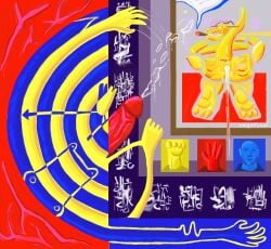 abstract_art absurd_res alligator alligatorid anthro ass bodily_fluids cagorical contemporary crocodilian cum genital_fluids hi_res male male/male presenting presenting_hindquarters reptile scalie solo