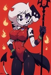 101_dalmatian_street 101_dalmatians ai_generated annoyed black_tights canid canine canis devil devil_horns disney female hell horns leotard red_leotard tail tights trident vanny_(101_dalmatians) vanny_(whistlerarts29)