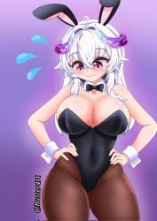 1girls ayaka_zaphyr bare_shoulders big_breasts black_bowtie blue_horns blush blush_lines blushing_female bowtie breasts brown_pantyhose bunny_ears bunnysuit buster-art closed_mouth_smile clothed covered_navel detached_collar easter fake_animal_ears fake_ears fake_rabbit_ears female female_only flying_sweatdrops front_view gradient_horns hair_between_eyes hips hispanic_virtual_youtuber horns latam_virtual_youtuber light-skinned_female light_skin long_hair looking_down multicolored_horns nervous_smile open_eyes pantyhose playboy_bunny purple_background purple_eyes purple_horns simple_background standing sweat sweatdrop twitch.tv virtual_youtuber vtuber vtuberfanart white_hair white_wristband wide_hips wristband