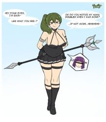 2d 2d_(artwork) 2girls artist_name belly belly_bulge bulge burp burping color colored dialogue digested digestion digital_art digital_media_(artwork) english_text female female_focus female_pred female_prey fern_(sousou_no_frieren) green_hair green_text gurgling hi_res highres holding holding_object holding_weapon light-skinned_female light_skin looking_down looking_down_at_partner madhouse onomatopoeia outline post_vore pout pouting prey_outline prey_shaped_bulge purple_eyes side_ponytail smirk sousou_no_frieren speech speech_bubble stomach stomach_bulge stomach_noises text tsukiji ubel_(sousou_no_frieren) vore vore_belly weapon weight_gain weight_gain_female
