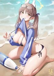 animal_ears barefoot beach bikini black_bikini blue_archive blue_hoodie breasts brown_hair cleavage clothes_in_mouth commentary_request cropped_hoodie eyewear_on_head fake_animal_ears female full_body glasses grin halo highres hood hoodie inflatable_toy kneeling large_breasts long_hair moe_(blue_archive) moe_(swimsuit)_(blue_archive) mouth_hold pink_nails pulling_own_clothes rabbit_ears raised_eyebrows round_eyewear shadow_cat shadow_cat_(yingmiao) shirt_in_mouth smile solo strap_pull swimsuit teeth teeth_hold twintails yellow_eyes