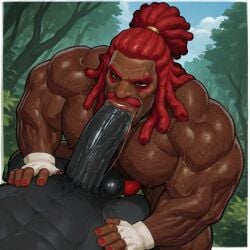 african african_male ai_generated bara black_male brown_body brown_skin dreadlocks dreads male male_only red_hair yaoi