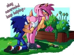 abstract_background amy_rose anthro balls bent_over big_breasts blush breasts clothing cunnilingus duo english_text erection eulipotyphlan female flower fur genitals gloves grass green_eyes handwear hanging_breasts hedgehog hi_res kneeling male male/female mammal oral penis pink_body pink_fur plant pussy sega sex shumpy signature sonic_(series) sonic_the_hedgehog_(series) spread_pussy spreading tail text vaginal_penetration