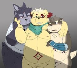 2017 3_eyes 4_ears anthro belly blush canine cusith evil_grin fur kemono male mammal moritaka multi_ear multi_eye nipples nude open_mouth overweight penis scar scarf simple_background slightly_chubby smile teeth tokyo_afterschool_summoners tsathoggua yaoi 酒肉熊貓_(artist)