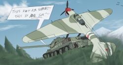 aircraft airplane anal anal_sex bodily_fluids dialogue dire_aircraft dire_machine dire_tank dire_vehicle duo english_text evergreen_tree forced genitals grass gun handwritten_text hi_res il-2 il-2m_type_3 landscape_background living_aircraft living_machine living_tank living_vehicle machine machine_gun male mechanophilia mountain narrowed_eyes penetration penis plant prehensile_penis questionable_consent ranged_weapon rape russian saliva saliva_on_tongue sex sky soviet_union speech_bubble t-34-85_(tank) t-34_(tank) tank_(vehicle) teeth_showing text tongue tongue_out tree veganvore vehicle vein veiny_penis weapon