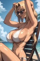 ai_generated armpits beach big_breasts bikini blonde_female blonde_hair breasts brown_eyes chair chaise_lounge daytime faprunner78 forehead_mark hands_in_hair hands_up hips hokage huge_breasts long_hair looking_at_viewer mature_female milf naruto natural_breasts oiled oiled_body oiled_skin outdoors sea side_view sitting sitting_on_chair slim_girl slim_waist smiling sunbathing sunglasses sunny thighs tied_hair tinted_eyewear tsunade waist white_bikini