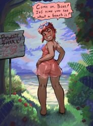1girls clothed female glasses nimona nimona_(nimona) pears_(artist) pink_hair pose round_ass round_butt sign smile speech_bubble swim_skirt swimwear thick_thighs wink winking_at_partner