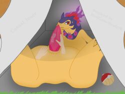 bodily_fluids brown_background casual_loser claws colored_fire disembodied_hand disembodied_tongue duo embarrassed erection feral fire fur generation_2_pokemon generation_8_pokemon genitals grass hi_res hisuian_form hisuian_typhlosion interspecies licking looking_away lying male male/male nintendo on_back oral penile penis penis_grab penis_lick pink_penis plant pokeball pokemon pokemon_(species) pokemon_legends_arceus pokephilia purple_body purple_fire purple_fur red_eyes regional_form_(pokemon) saliva sex simple_background sweat sweatdrop tent toe_claws tongue typhlosion watermark yellow_body yellow_fur