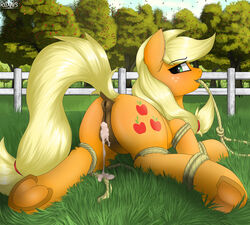 2017 absurd_res after_sex alternate_version_available anatomically_correct anatomically_correct_pussy animal_genitalia animal_pussy anthro anus applejack_(mlp) ass blonde_hair bondage clothing cum cutie_mark earth_pony equine equine_pussy female female_focus female_only femsub fence feral freckles friendship_is_magic grass green_eyes hair hasbro hi_res hooves horse legwear long_hair mammal my_little_pony outside pony pussy redvais rope socks solo tree underhoof