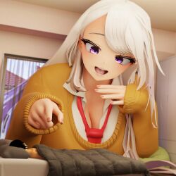3d 3d_model anime bed bedroom big_female big_female_small_male chieri's_love_is_8_meters chieri_oomine_(chieri's_love_is_8_meters) clothed_female_nude_male extrathic extrthic female giantess light-skinned_female male open_mouth pointing purple_hair red_tie reference_image school_uniform size_difference suprised white_hair