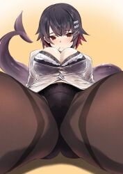 black_bra black_hair black_panties black_pantyhose blush bra breasts candy colored_inner_hair eating ellen_joe female fins fish_tail food highres kuma_(jk0073) large_breasts lollipop looking_at_viewer mole mole_under_eye multicolored_hair panties pantyhose red_eyes red_hair scar scar_on_tail shark_girl shark_tail short_hair solo tail thighhighs two-tone_hair underwear zenless_zone_zero