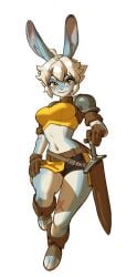 animal_ears animal_feet anthro anthro_female anthro_only armor armored_female belly_button belt black_shorts blue_skin boots breasts brown_belt brown_boots brown_gloves brush_rush bunny bunny_ears bunny_girl bunnygirl exposed_belly_button eyelashes female female_anthro female_focus female_furry fur furry furry_female furry_only gloves golden_eyes guilherme_freitas hair highres holding_object holding_sword holding_weapon koh_ellya midriff non-human non_sexual oc original original_character scar scars short_hair short_shorts shorts shoulder_armor shoulder_pads slim slim_girl slim_waist sword thick_eyelashes thick_thighs two_color_fur warrior white_background white_hair yellow_eyes