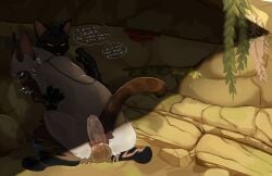 absurd_res amber_eyes anal anal_fluids anglwshot annoyed balls blue_eyes bodily_fluids cave claws cowgirl_position dark_body dark_fur detailed_background dialogue domestic_cat duo duskmask_(anglwshot) english_text eyewear fan_character felid feline felis feral feral_on_feral from_front_position fur genitals glasses grey_body grey_fur hi_res internal internal_anal intraspecies leash leash_pull leg_scar light looking_pleasured male male/male mammal moan moss nature oliver_(alittletired_rn) on_bottom on_top paws penile_spines penis plant rear_view rock scar sex siamese_cat stealth_sex sunlight text tied_paws vine_leash vines warriors_(book_series)