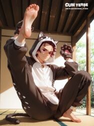 ai_generated big_balls big_butt big_penis bulge bulge_through_clothing cat_boy cat_ears catboy clothed clothing demon_slayer feet feline gay gay_male kamado_tanjirou yaoi