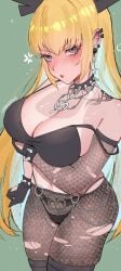 1girls anger_vein blonde_hair blue_eyes blush bra breasts chains collar female fishnet_pantyhose fishnets gloves highres karandrawz long_hair looking_at_viewer magik_(illyana_rasputin) magik_(marvel_rivals) marvel marvel_rivals navel panties pantyhose pout pouting solo spiked_collar spikes torn_clothes torn_pantyhose underwear x-men