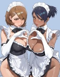 2girls alternate_costume apron back_bow black_bow black_bowtie black_dress blue_hair blush bow bowtie breasts brown_eyes brown_hair cleavage closed_mouth collarbone commentary cowboy_shot dark_blue_hair detached_collar dress earrings elbow_gloves english_commentary female frilled_apron frilled_hairband frills gloves hair_behind_ear hair_between_eyes hair_ornament hairband hairclip heart heart_hands heart_hands_duo high_ponytail highres hintobento jewelry large_breasts lips looking_at_viewer maid maid_apron maid_headdress medium_hair multiple_girls nishiwaki_yuuko pearl_earrings persona persona_3 persona_3_reload pink_lips ponytail short_dress short_hair simple_background stud_earrings sweatdrop swept_bangs thighs unconventional_maid white_apron white_bow white_gloves wide_hips yukari_takeba