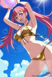 :d alternate_costume armpits arms_up ball bare_shoulders beachball bikini blue_sky breasts cleavage collarbone female fire_emblem fire_emblem:_three_houses from_below gluteal_fold gold_bikini hilda_valentine_goneril large_breasts long_hair looking_at_viewer navel nintendo open_mouth outdoors pink_eyes pink_hair sky smile solo stomach swimsuit teeth tes2w44zagroyj7 thighs twintails upper_teeth_only